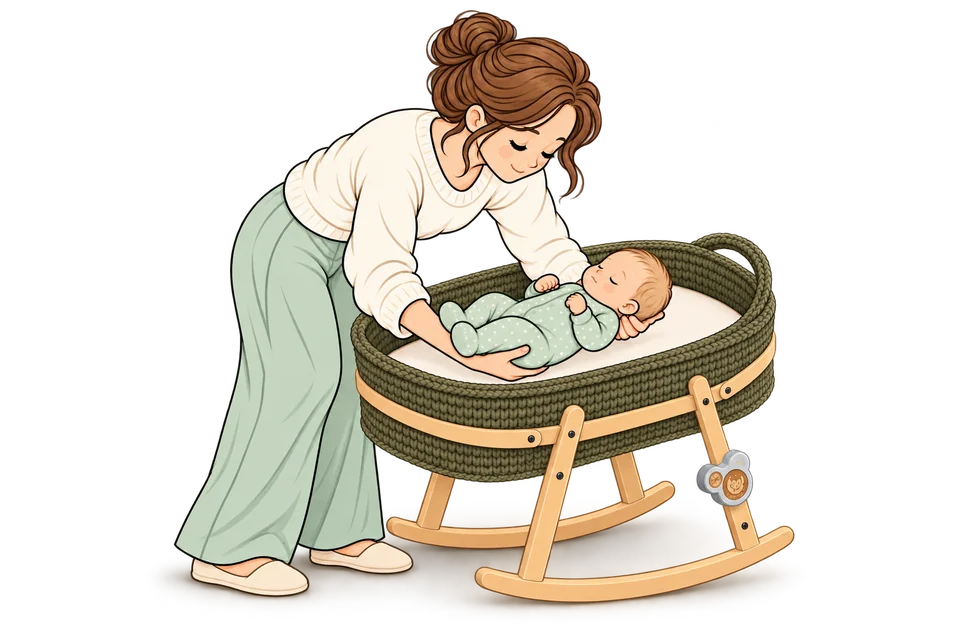 Die Mutter senkt ihr schläfriges Baby auf dem Rücken in eine grüne Schaukelwiege ab. Eine Hand stützt Kopf und Nacken, die andere Rücken und Po. ROCK your BABY sitzt am Holzgestell.