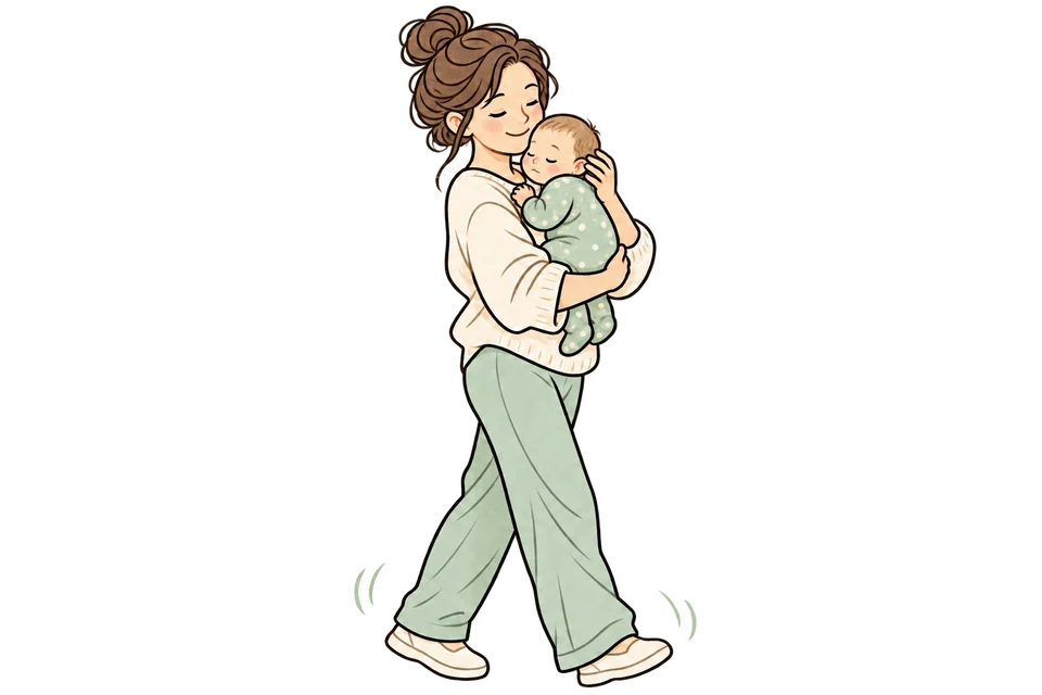 Eine Mutter geht langsam mit ihrem schläfrigen Baby am Oberkörper. Eine Hand hält Kopf und Nacken, die andere trägt den Körper.